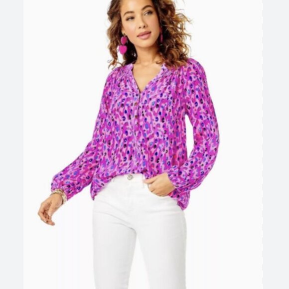 NWT Lilly Pulitzer Silk Long Sleeve Elsa Top Wild Fuchsia Spotted In Love Pink - Picture 4 of 9